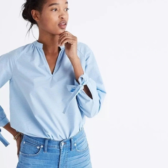 Madewell • Blue White Horizontal Striped Tie-Sleeve Popover Top - Picture 2 of 8